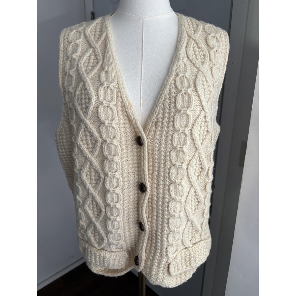 Carraig Sweater Vest Womens Large White 100% Wool Cable Knit Button Ireland‎